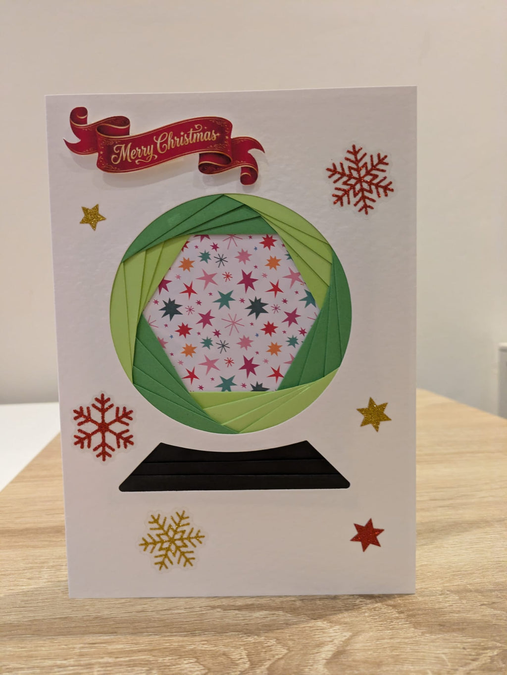 Handmade Green Christmas Snow Globe Card – Iris Folded