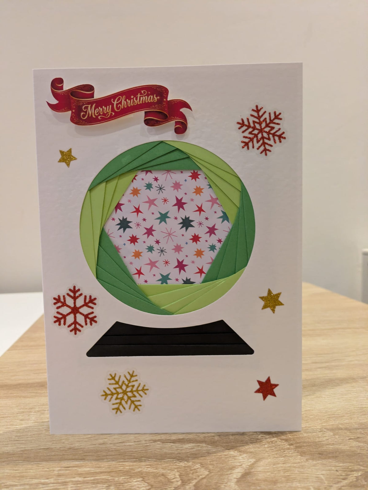 Handmade Green Christmas Snow Globe Card – Iris Folded