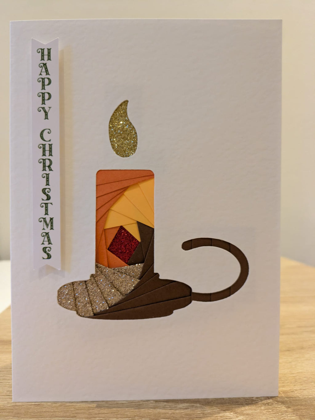 Handmade Christmas Candle Card – Orange & Brown Iris Folded Design